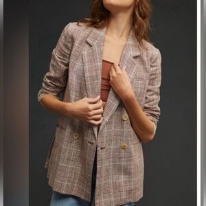 Maeve by Anthropologie Brown lightweight double breasted Plaid Blazer 2